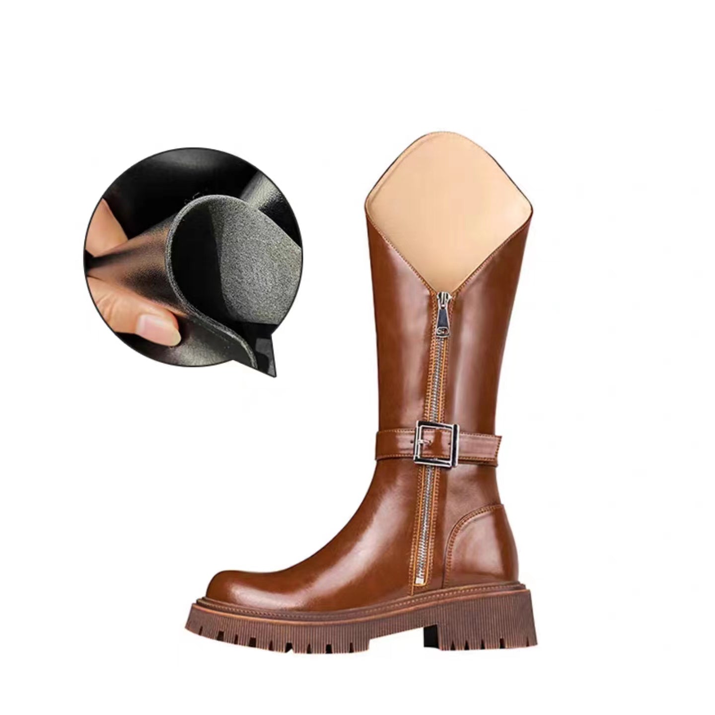 LF02 レトロ カウボーイブーツ 厚底 サイドファスナー ベベルカット オリジナルデザイン