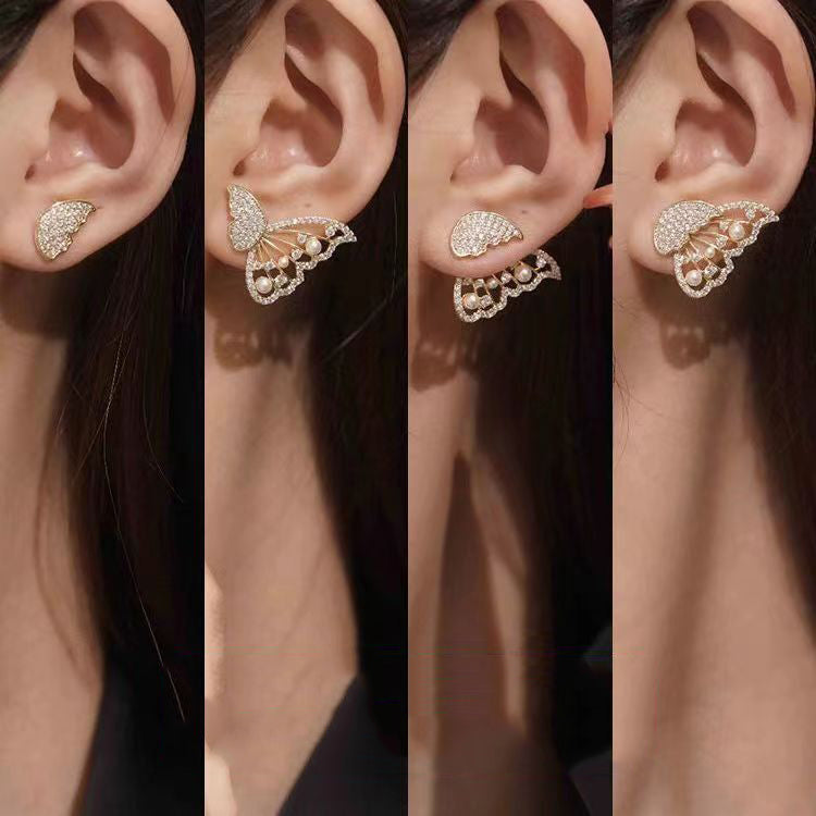 LF キラキラ パール蝶々ピアス 様々な着け方ができるピアス