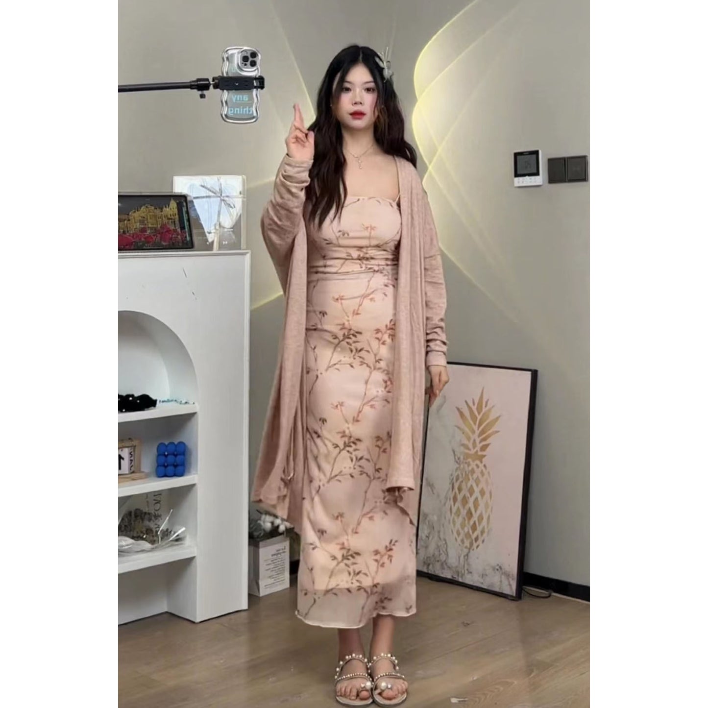 XYW ロング 花柄キャミワンピ + カーディガン 優しい セット