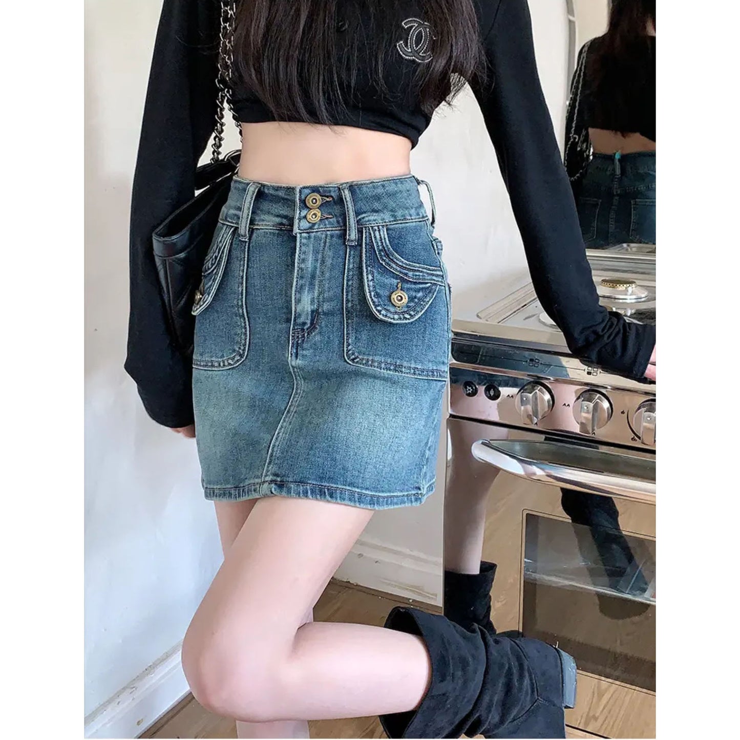 XYW 夏新作 ハイウエストデニムスカート ライトブルー 着やせ