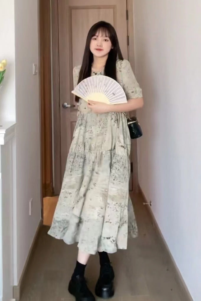 XYW 高級感通勤着やせワンピースウエスト丸め痩せプリント梨形ボディ股間隠しロングスカート女