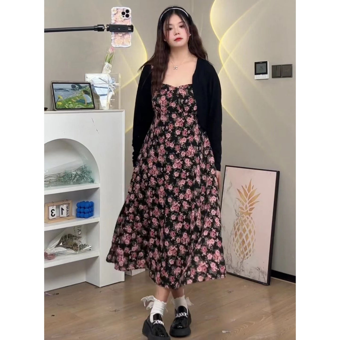 XYW 花柄キャミワンピ カーディガン 着やせ 優し かわいい 2点セット