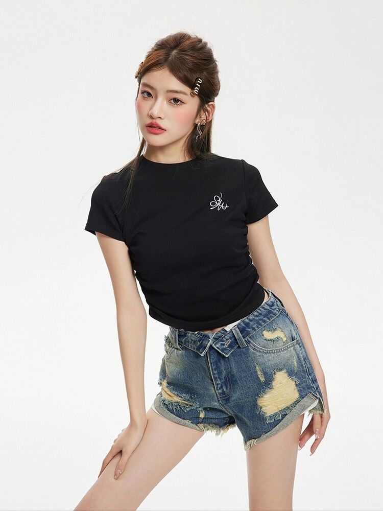 XYW ショート トップス 半袖 Tシャツ サイドドローコード 着やせ ギャル