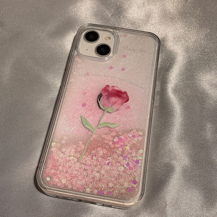 YQQ ピンクローズ 流砂 流れるグリッターケース iPhoneに適用 スマホケース 携帯電話ケース