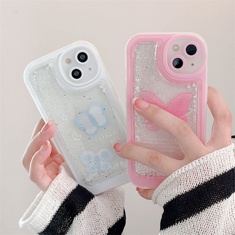 YQQ パールバタフライ 流砂 流れるグリッターケース iPhoneに適用 スマホケース 携帯電話ケース