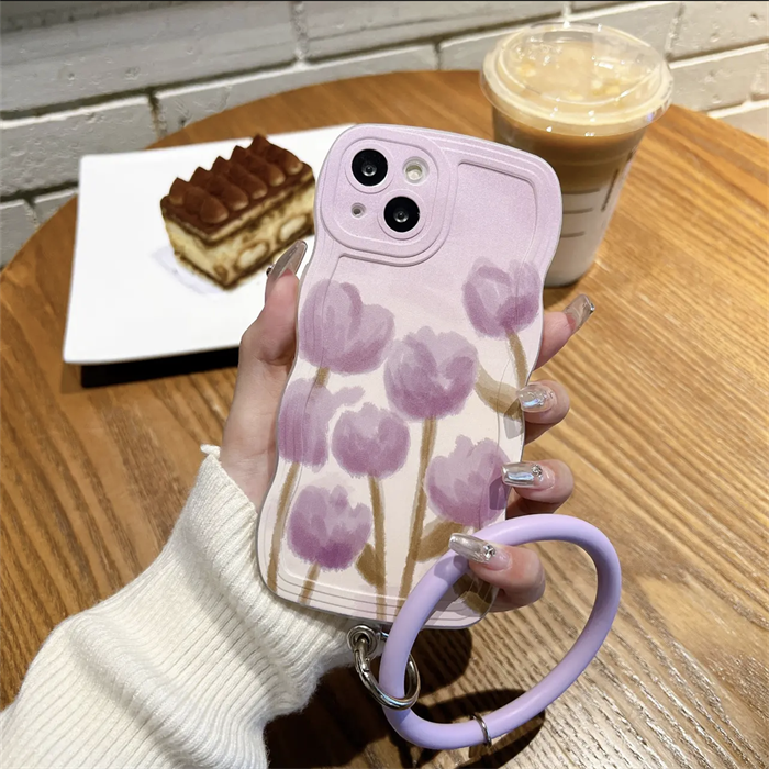 YQQ パープルチューリップ スマホケース 携帯電話ケース ハンギングリング付き