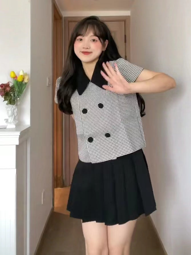 XYW クラシックショートタイプ小香風千鳥格子半袖