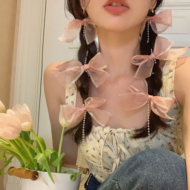 YQQ リボンヘアピン ロングタイプのパールヘアピン 編髪する 髪飾り おしゃれでかわいい