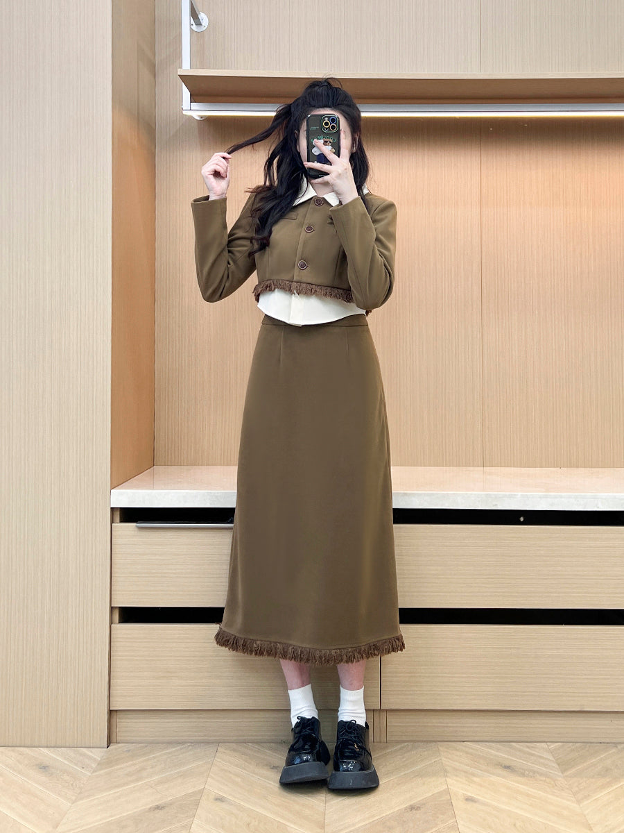 XYW レトロスタイル タッセル トップス ショートコート+ロングスカート/ミニスカート セット