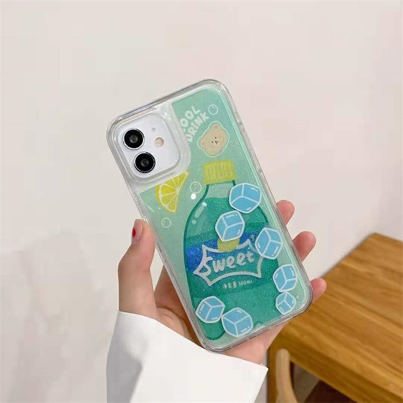 YQQ 気泡水 ファンタ スプライト スマホケース アイスドリンク 液体流砂 携帯ケース