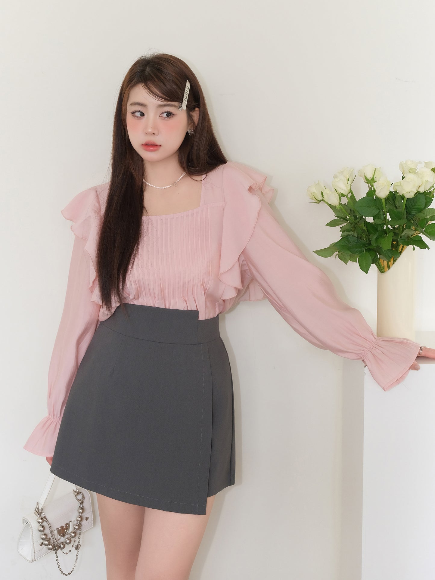 【予約】XYW フレンチ フリル シャツ + キュロット スカート ショートパンツ セット フェミニン