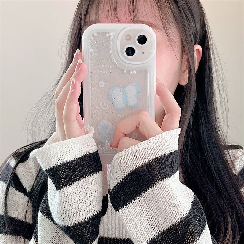 YQQ パールバタフライ 流砂 流れるグリッターケース iPhoneに適用 スマホケース 携帯電話ケース
