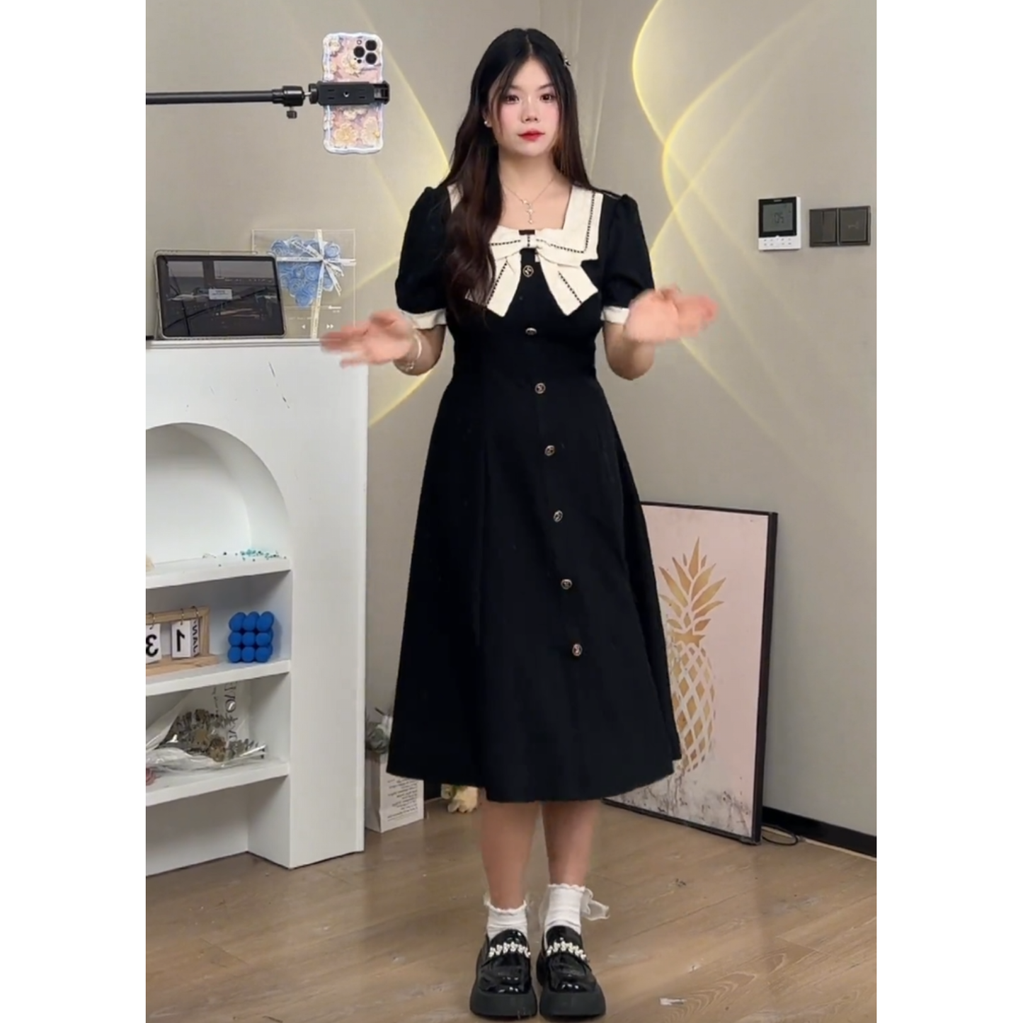 XYW フレンチ リボン ワンピース 着やせ エレガント ショート&ロング