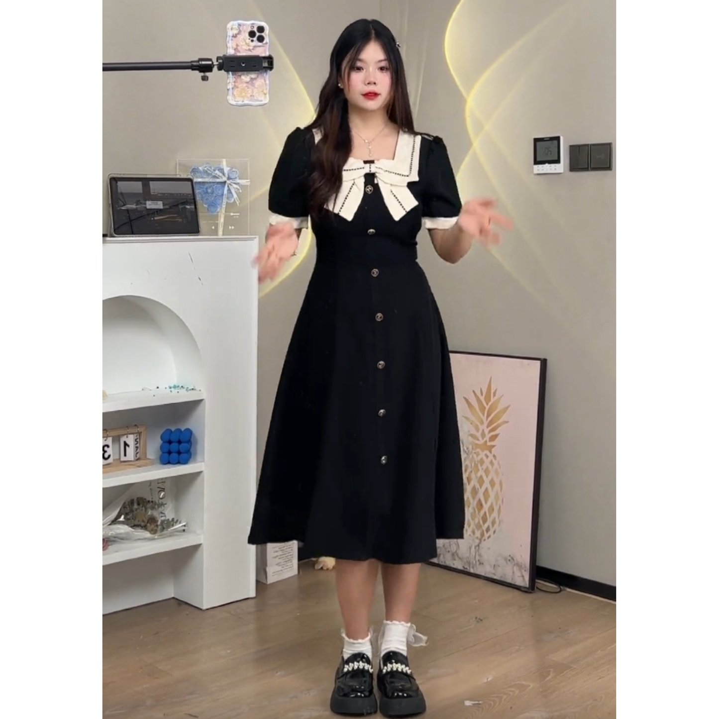 XYW フレンチ リボン ワンピース 着やせ エレガント ショート&ロング