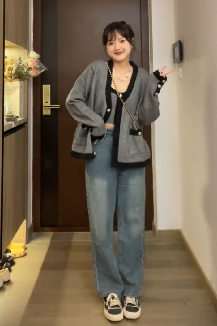 XYW 秋新作 ゆるい ハイウエスト ジーンズ ストレートパンツ