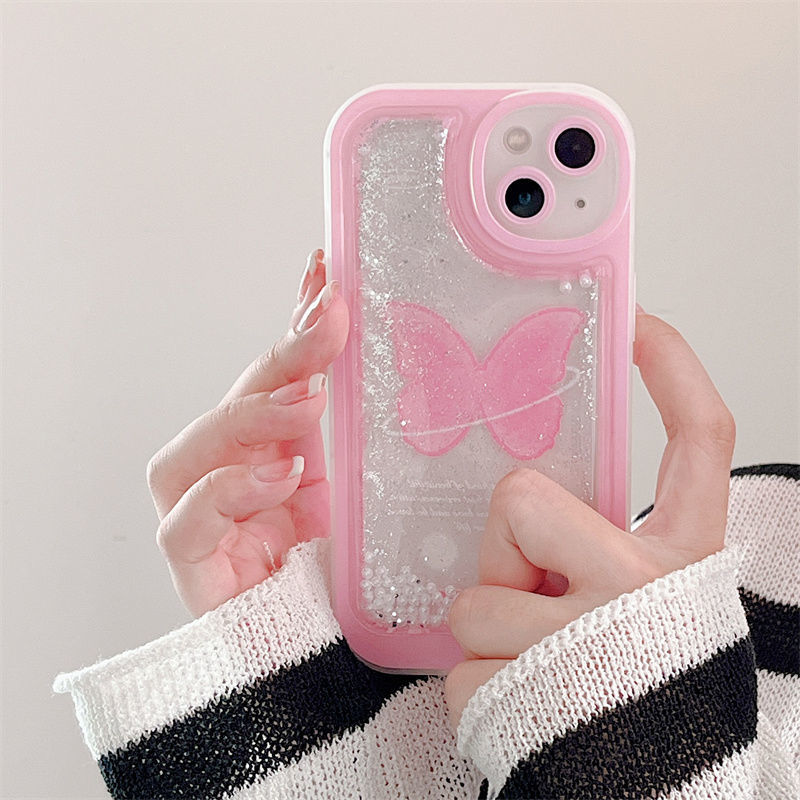 YQQ パールバタフライ 流砂 流れるグリッターケース iPhoneに適用 スマホケース 携帯電話ケース