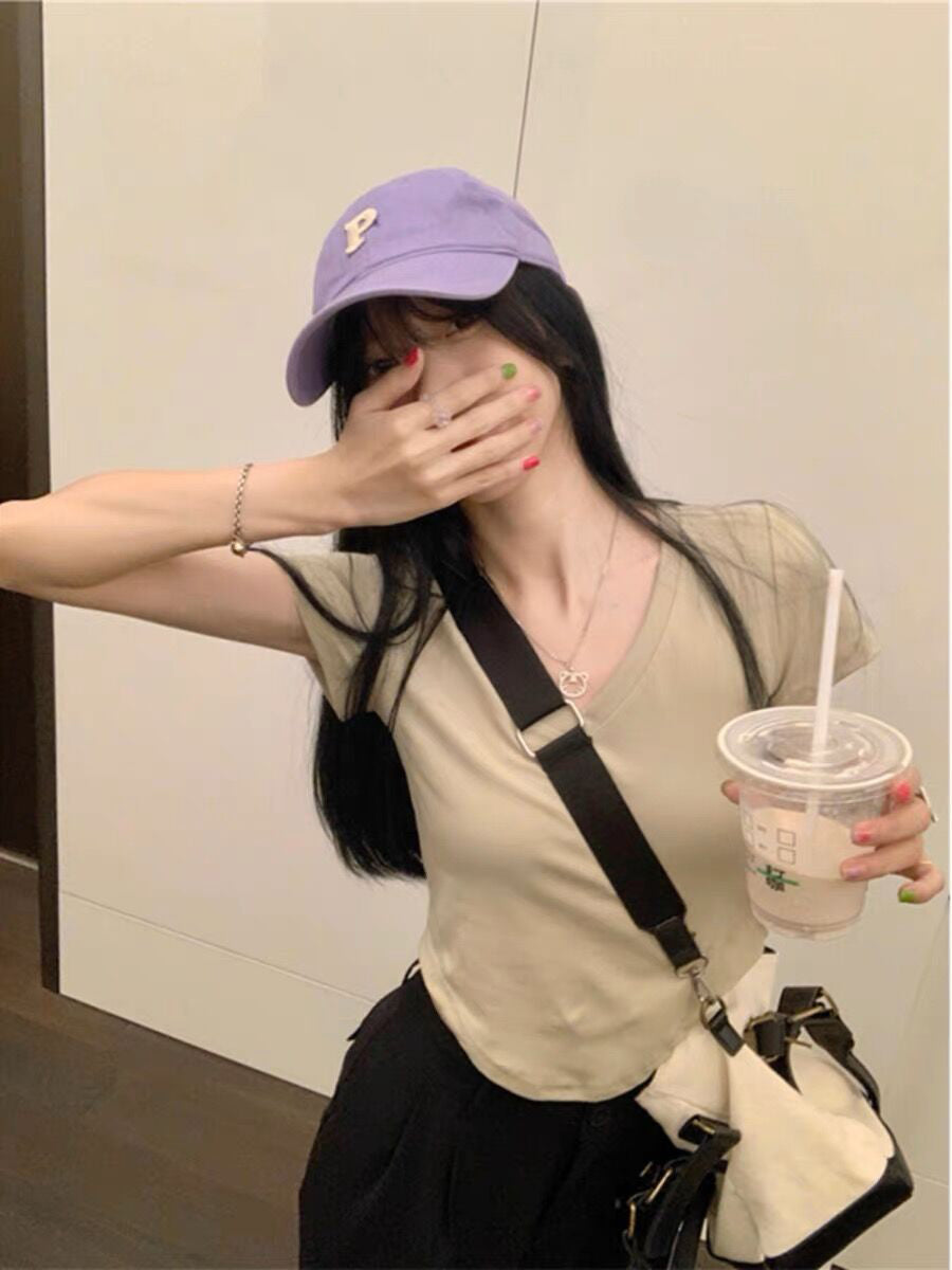 XYW Vネック 不規則な裾 ショート Tシャツ 全5色