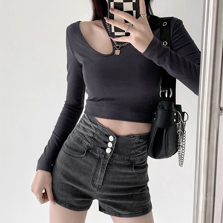 XYW ショートパンツ デニム ハイウエスト ギャル 着やせ 全3色