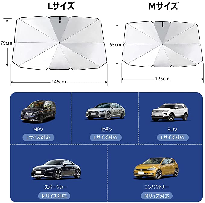 YQQ 車用 サンシェード 軽自動車 日よけ サンシェード 折りたたみ傘仕様 取り付き簡単 収納便利 遮光 遮熱 カーフロントガラスカバー プライバシー保護 UV 紫外線カット 暑さ対策 収納ポーチ付き (L(79×145cm))