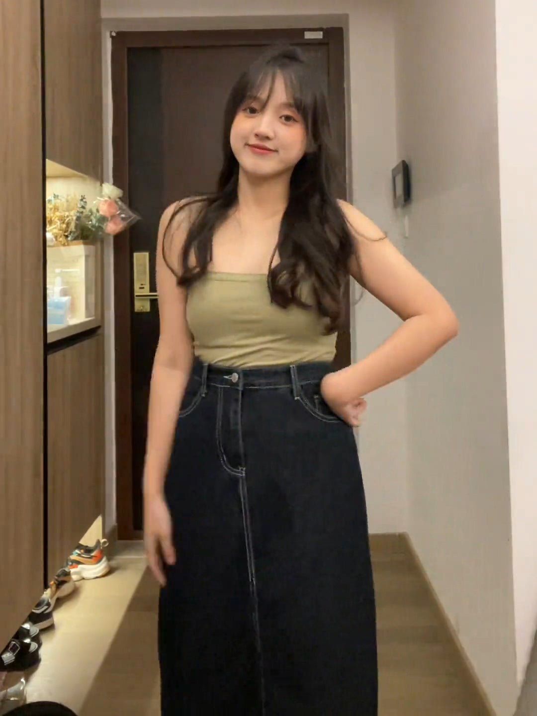 前壳 XYW 夏・秋の新作 着やせ ハイウエスト デニムロングスカート ハーフスカート