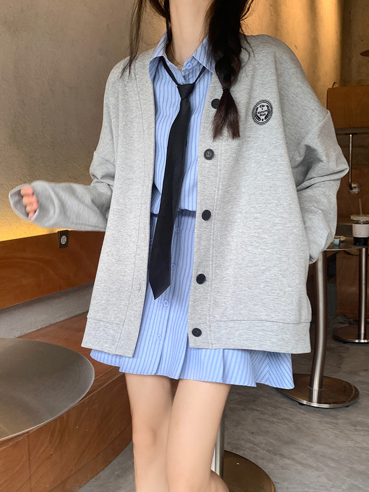XYW 長袖 ストライプ シャツ ワンピース + ネクタイ + グレーカーディガン セット