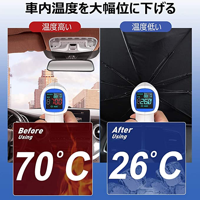 YQQ 車用 サンシェード 軽自動車 日よけ サンシェード 折りたたみ傘仕様 取り付き簡単 収納便利 遮光 遮熱 カーフロントガラスカバー プライバシー保護 UV 紫外線カット 暑さ対策 収納ポーチ付き (L(79×145cm))