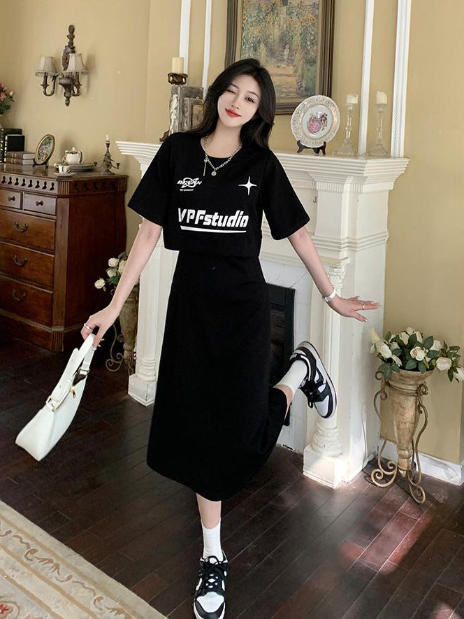 XYW ブラック 半袖 側面透かし編 ワンピース ショートタイプ/ロングタイプ 着やせ