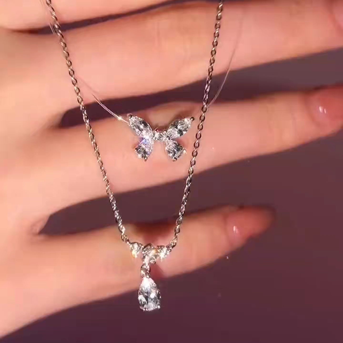 LF バタフライ&ウォータードロップ ダブルレイヤー・ネックレス エレガント 2連ネックレス