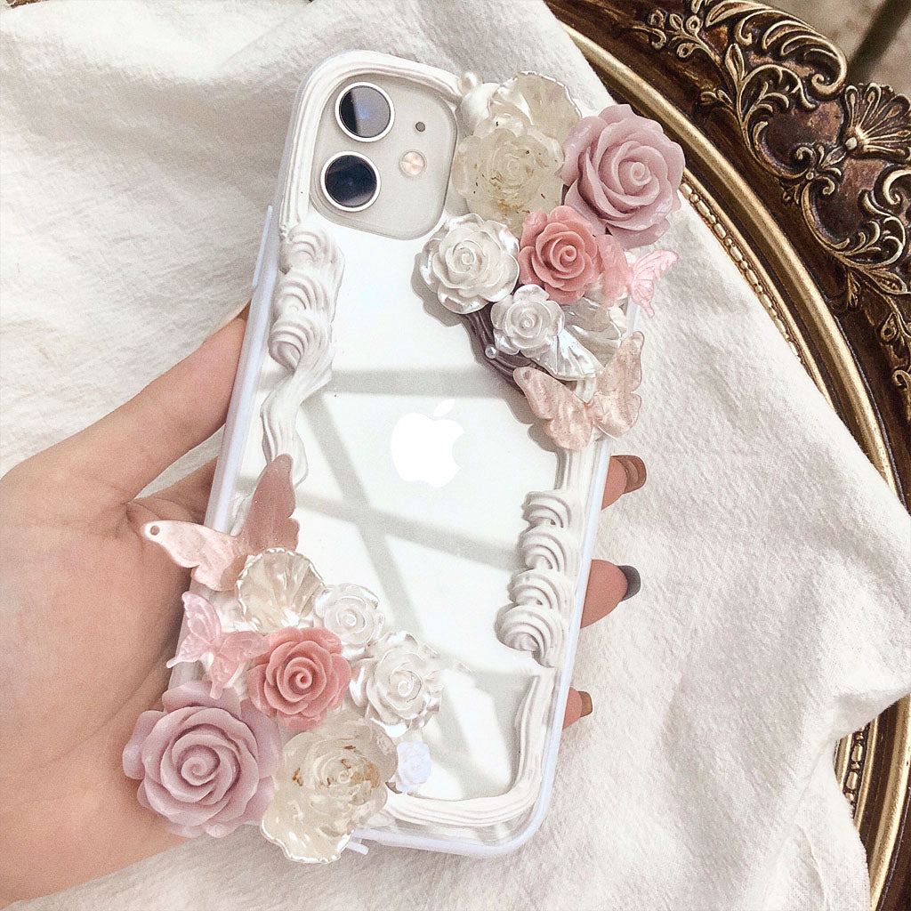 OL オリジナル バラ 蝶 手作りホイップ携帯ケース