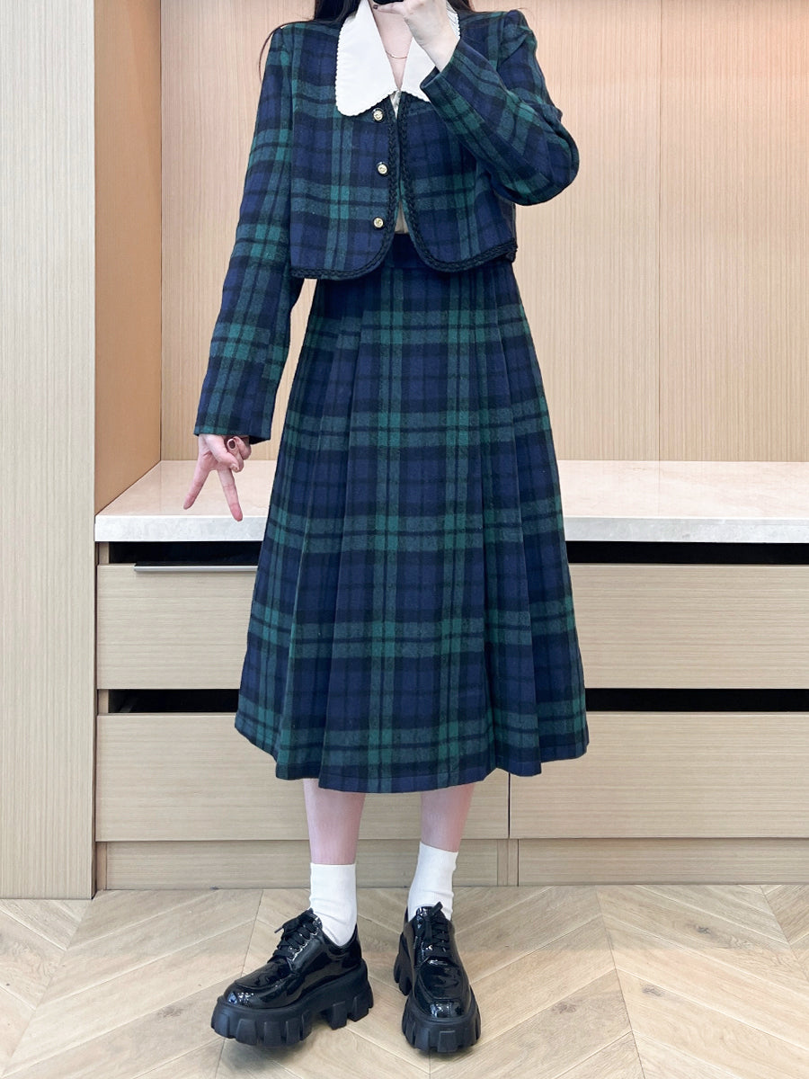 XYW 予約 着やせ レトロスタイル チェック コート + プリーツスカート + シャツ