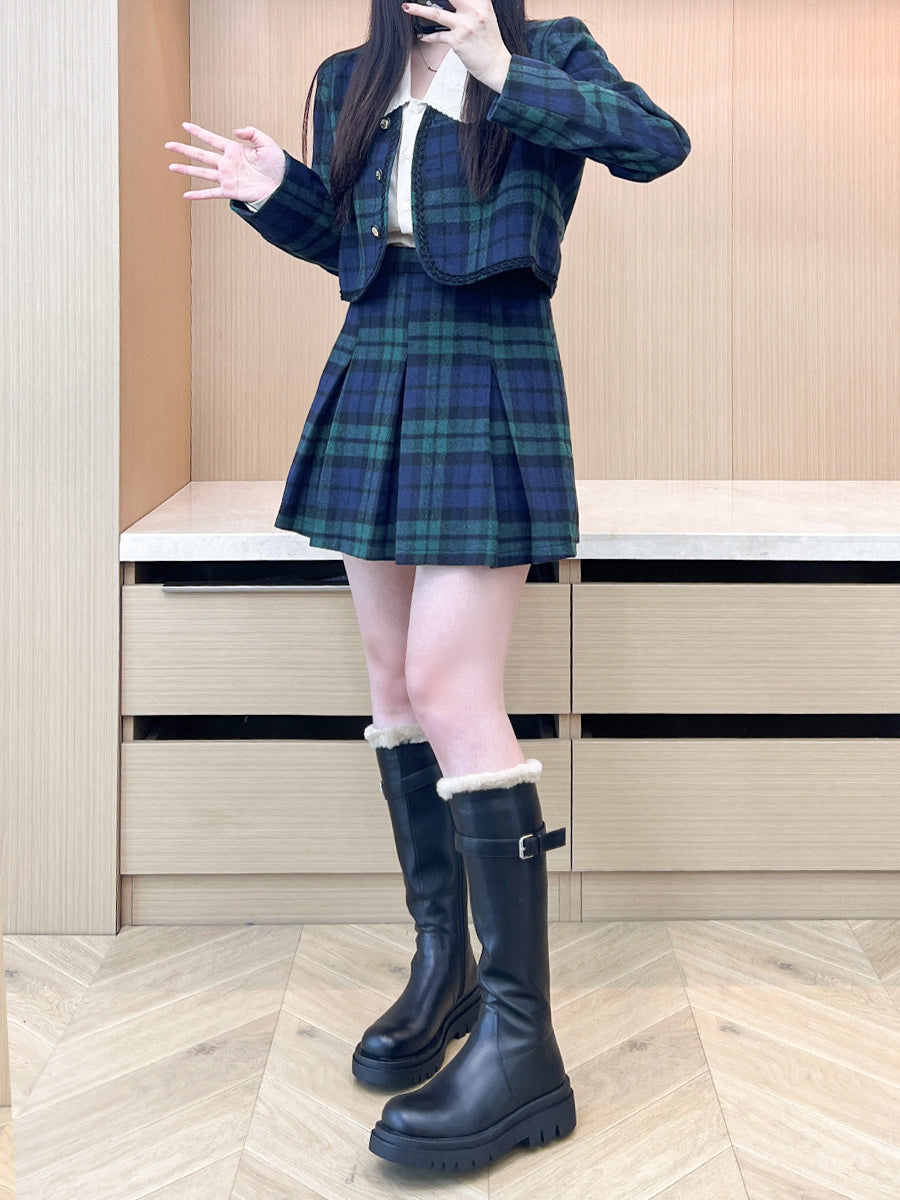 XYW 予約 着やせ レトロスタイル チェック コート + プリーツスカート + シャツ