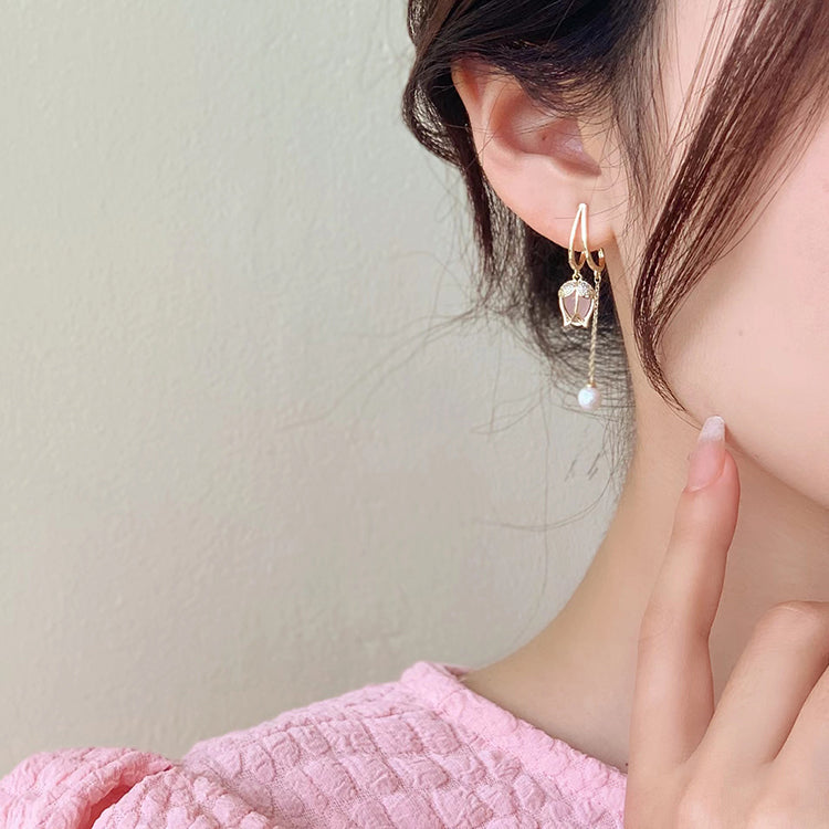 YQQ ピンクチューリップ イヤリング パール タッセル