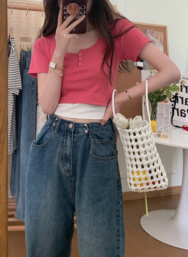 XYW 新作 ウエスト調節可能 ジーンズ フェイク・ツーピースTシャツ
