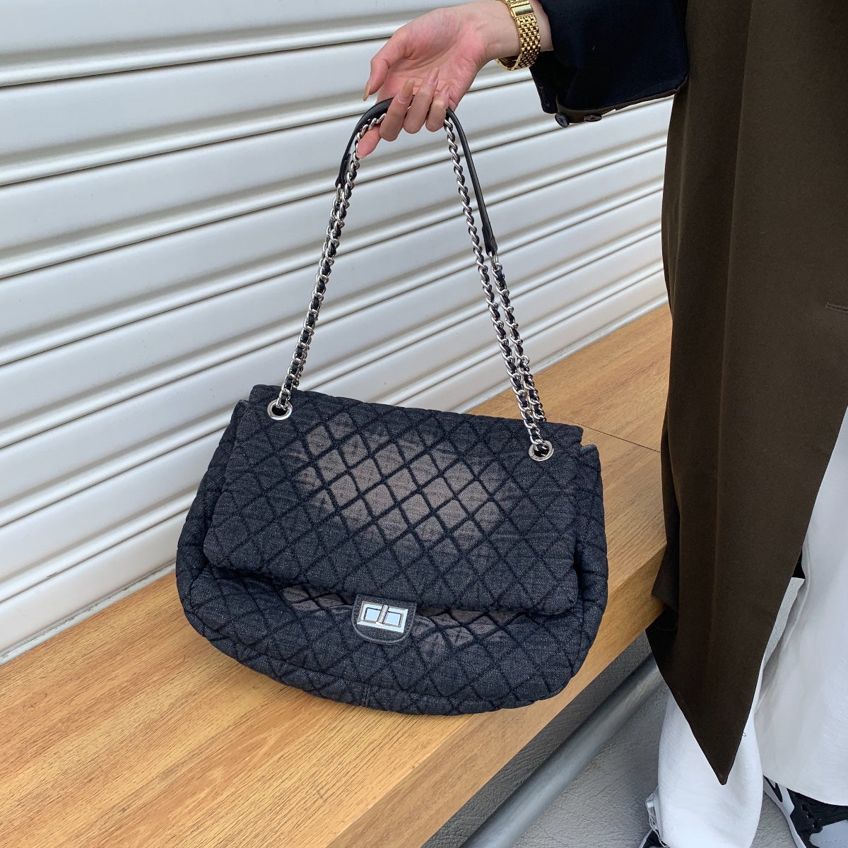 LF デニム生地 チェーン 大容量トートバッグ ショルダーバッグ