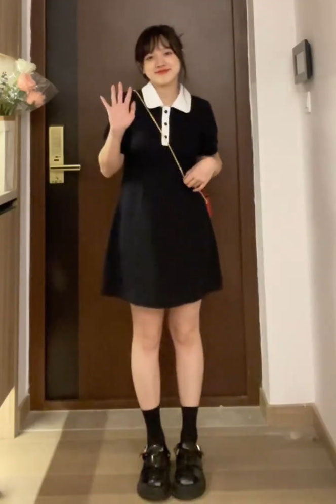 XYW ポロネック パフスリーブ ウエストタック ワンピース