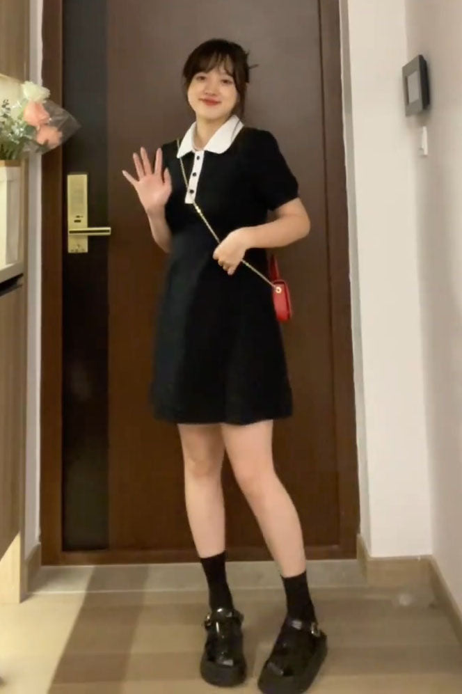 XYW ポロネック パフスリーブ ウエストタック ワンピース