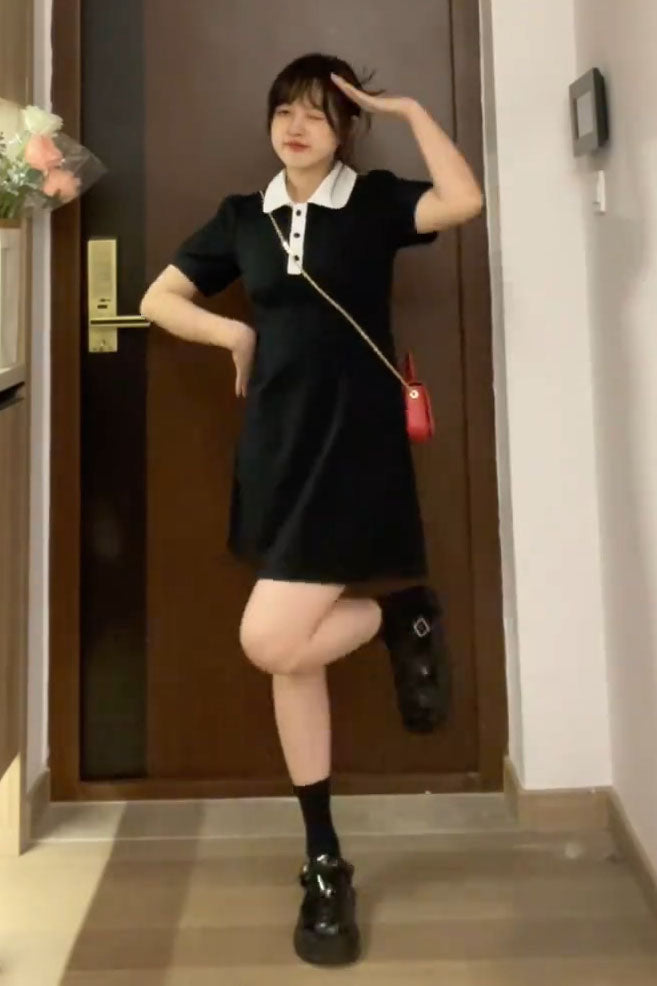 XYW ポロネック パフスリーブ ウエストタック ワンピース