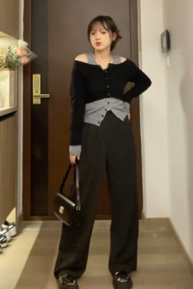 XYW フェイクレイヤード オフショルダーニット カーディガン