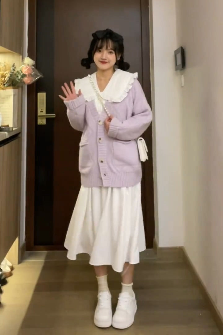 XYW かわいい 優しそうで上品 ホワイト ペタルカラー ワンピース