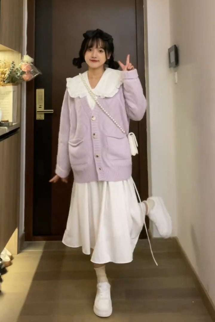 XYW かわいい 優しそうで上品 ホワイト ペタルカラー ワンピース