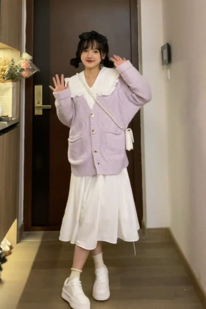XYW かわいい 優しそうで上品 ホワイト ペタルカラー ワンピース