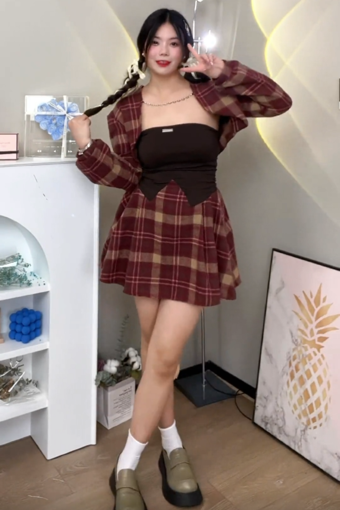 前壳 XYW チェック柄 ショートコート+オフショルダーネック ワンピース セット かわいい かっこいい