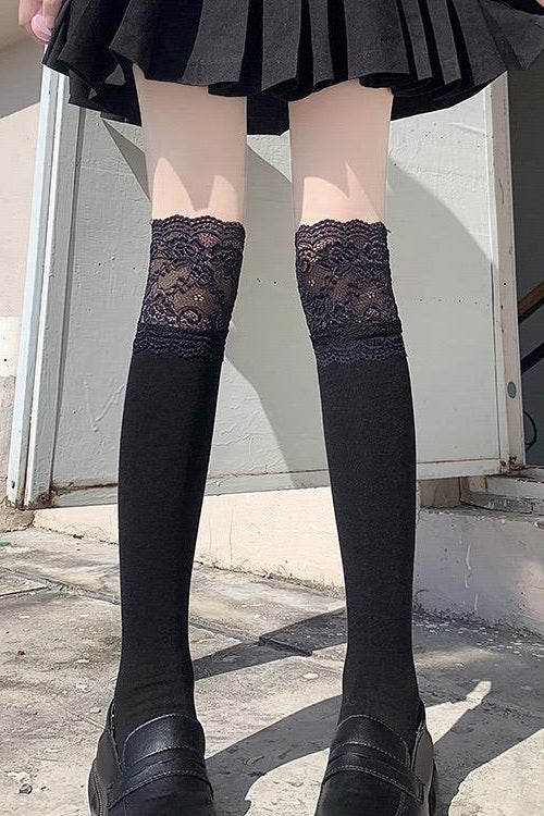 XYW 一つ買うともう一つおまけ ホワイト/ブラック レース ニーハイソックス 靴下 ストッキング ソックス 純欲風