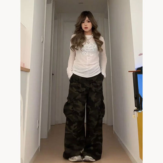 LF  カモフラージュカーゴパンツ×シアーロングスリーブトップ カジュアル  ストリート