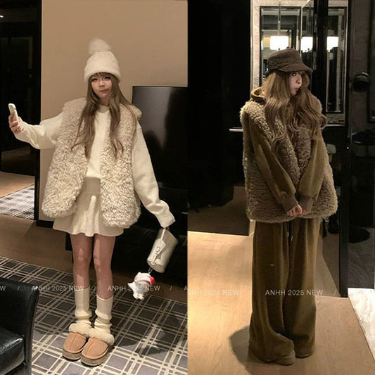 LF  フェイクラムウール  ベストコート  ノースリーブ  ゆったり  アウター