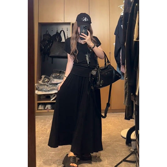 LF【2点セット 】Vネック  Tシャツ  スカート  ゆったり  ブラックセット Anne