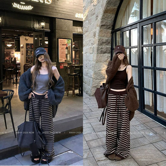 LF  ふわふわ  ゆったり  ニットカーディガン  セーターコート & ボーダーニットカジュアルパンツ