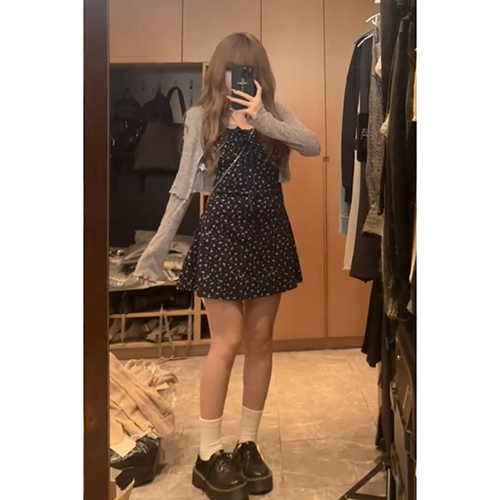 LF  ネイビー小花柄  カップ付きキャミワンピース＋UVカットカーディガンセット Anne