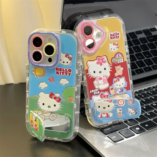 LF  かわいい  KT  化粧鏡付きスマホケース  携帯電話ケース  粘着式スマホホルダー付き