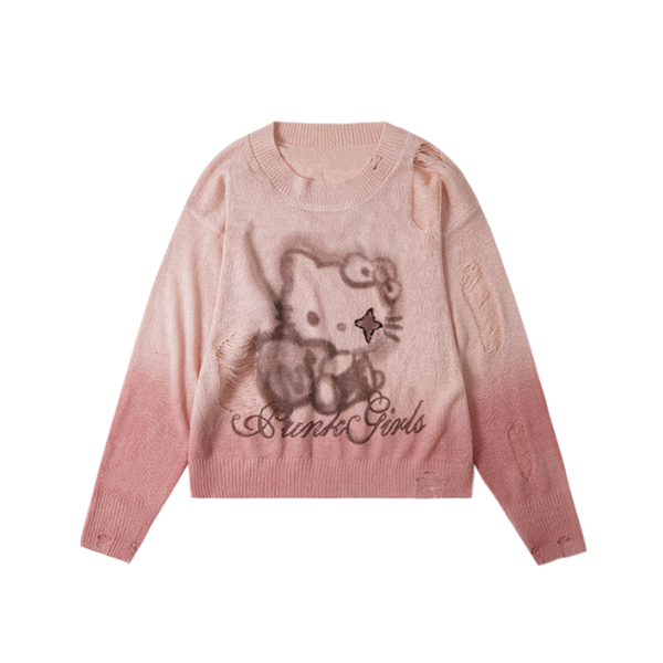 LF04  かっこかわいい  Kittyニットシャツ  ブラウス  ダメージ